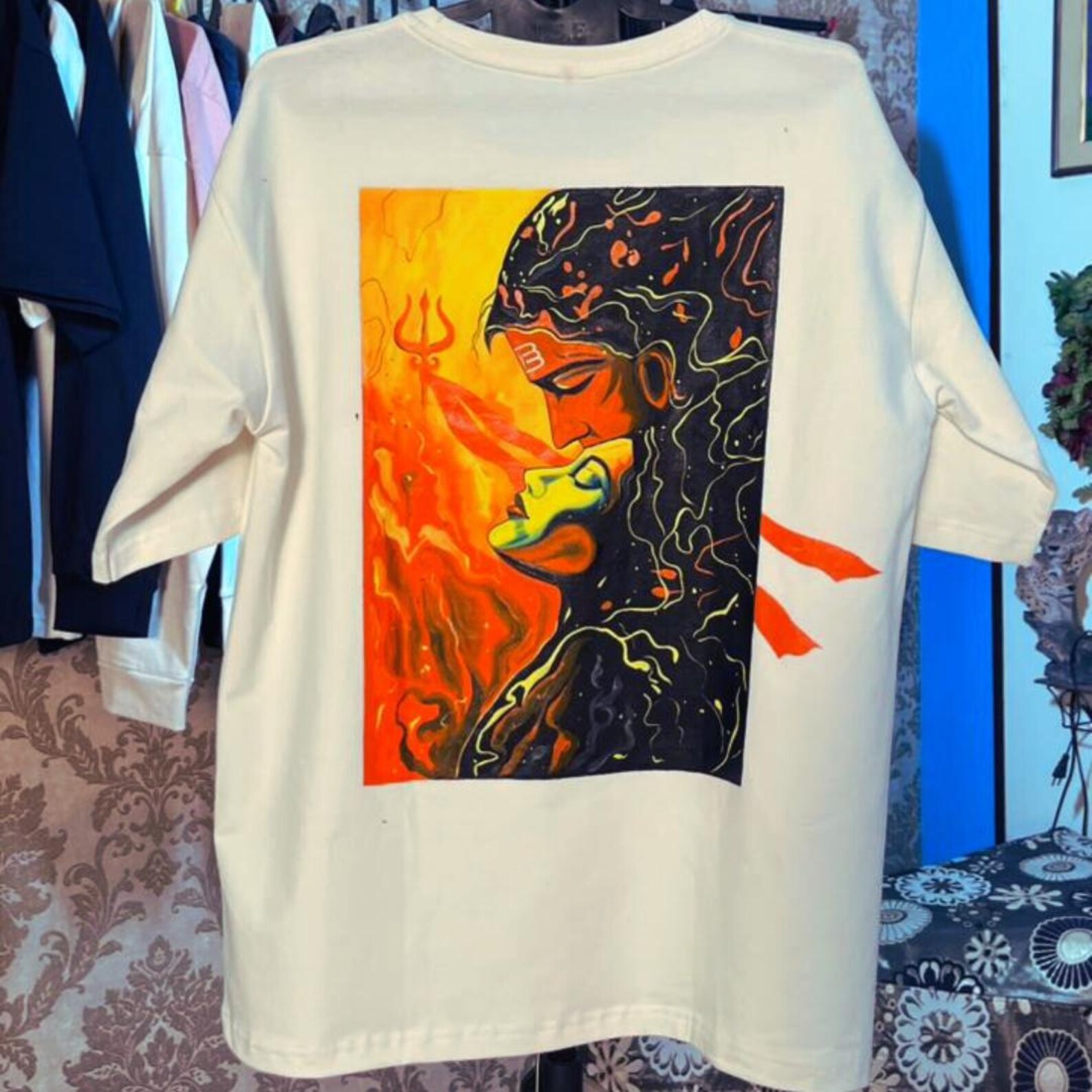 Hand-Painted Shiva Parvati Oversized T-Shirt, Divine Love Artwear